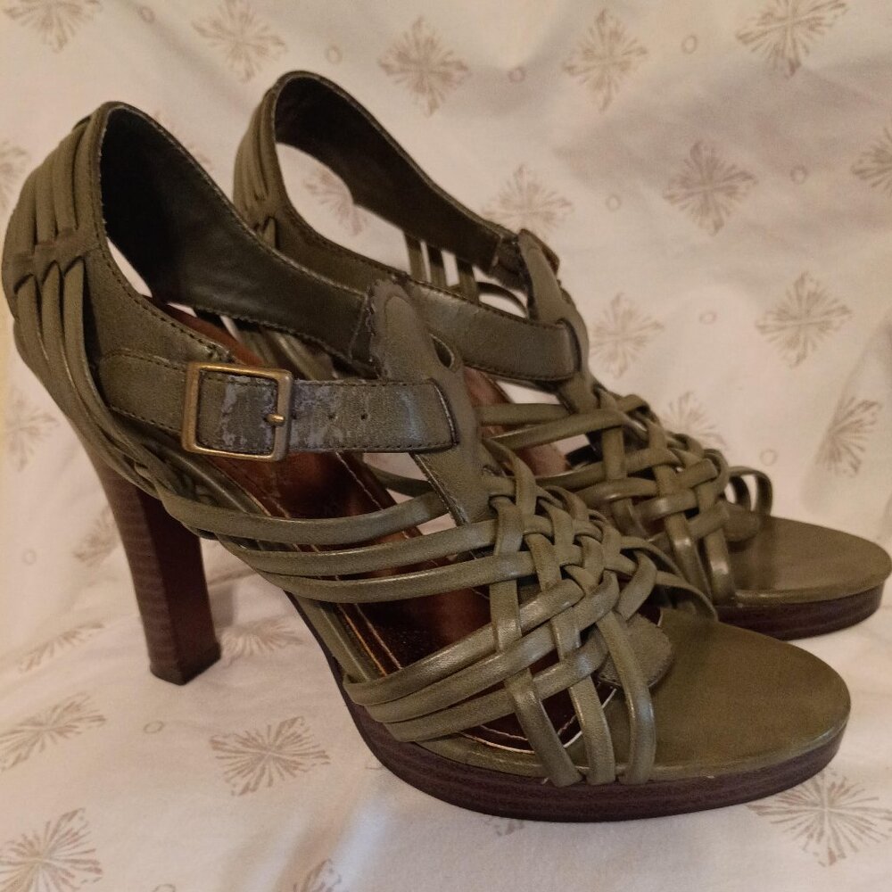 Dollhouse Heels Women's 7 | Strappy Green-Woven Casual Open-Toe Buckle Stiletto